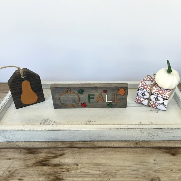 Handmade Tiered Tray Decor/ Shelf Sitter - Colorful Fall Leaves, Mini Signs - Picture 1 of 9